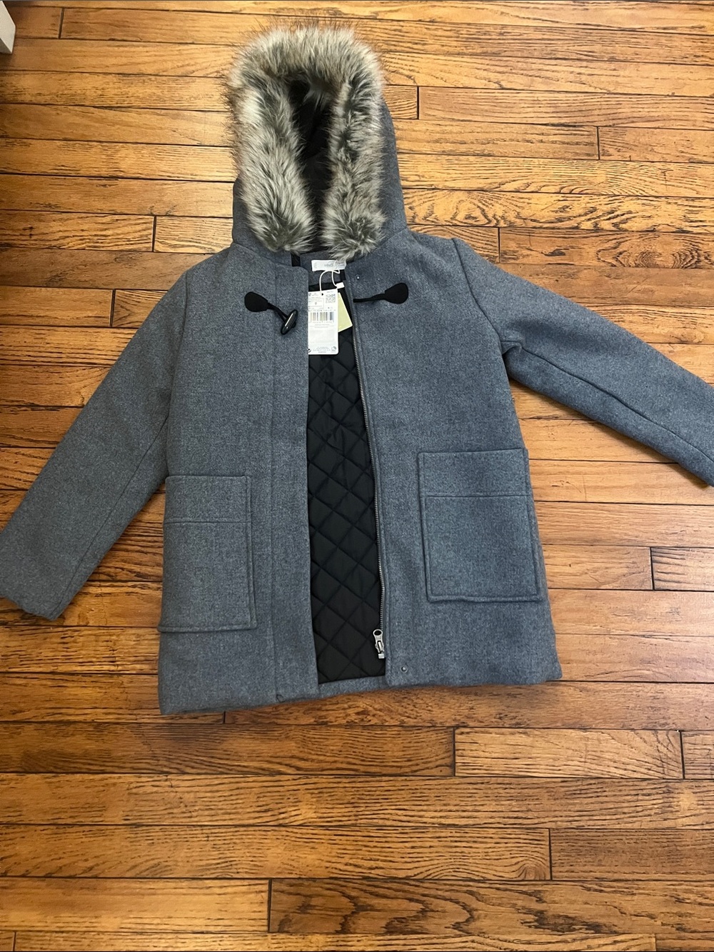 Mango Kids Gray Hooded Pea Coat with Faux Fur Trim